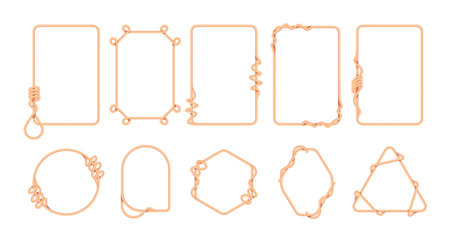 Rope border. Decorative thread frame with sailor knots noose loops, twisted braided marine jute cord square round shapes. Vector isolated set of border frame rope illustrationのイラスト素材