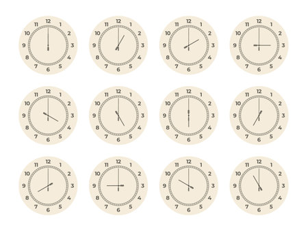 Clock hours set. Round watch faces with arabic roman numbers, twelve dial elements analog displays showing different time. Vector isolated collection of clock watch round illustrationのイラスト素材