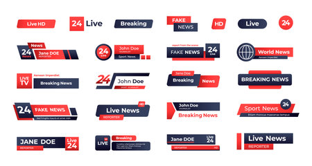 News headline banner. Broadcast tv channel header interface, television lower bar information, streaming live video sticker. Vector isolated set of channel header broadcast, headline news illustrationのイラスト素材