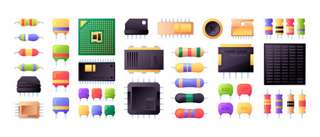 Semiconductor collection. Electrical components chip capacitor microchip processor battery resistor of semiconductor colleciton illustration componentのイラスト素材