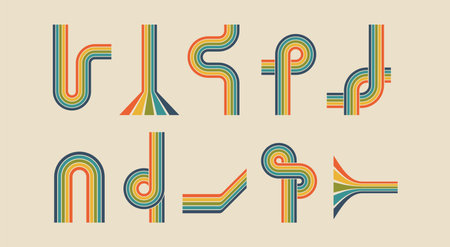 70s poster elements rainbow isolated of collection. Vector of rainbow curve and colorful, geometric 70s and 60s groovy illustrationのイラスト素材