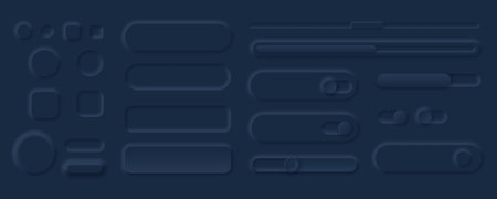Neumorphism style ui black elements sliders collection. Dark interface vector neumorphism, ui elements app design mobile illustrationのイラスト素材