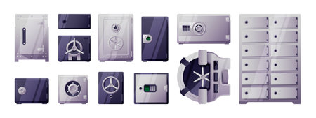 Bank safe set. Cartoon money storage with lock code and security password, secure cash container, flat equipment banking savings systems. Vector collection of bank safe for money illustrationのイラスト素材