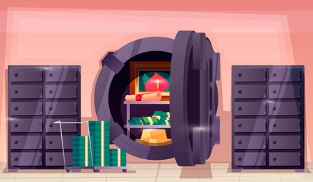 Bank vault door. Opened safe storage with money cash gold ingots inside, cartoon flat deposit box with locker for financial concept. Vector illustration of door in bank of safeのイラスト素材