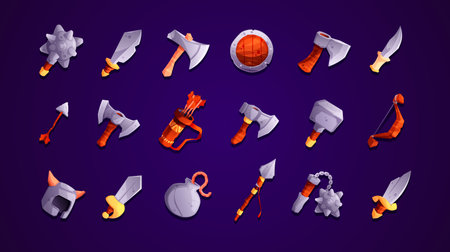 Game ancient weapon. Fantasy medieval military warrior armament cartoon style, knight sword warfare dagger blade knife spear ui rpg elements. Vector set of element object medieval game illustrationのイラスト素材