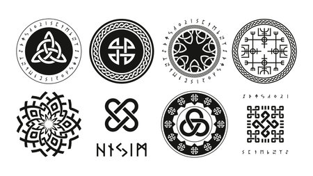 Norse runic logo. Scandinavian pagan esoteric religion symbols, viking protection rune triquetra yggdrasil vegvisir futhark valknut icons. Vector nordic set of esoteric ancient and gothic illustrationのイラスト素材
