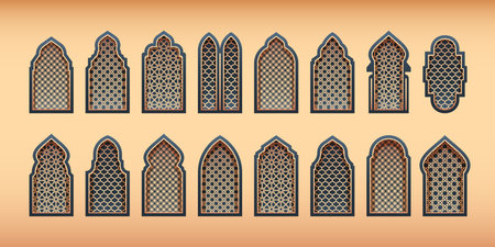 Ornamental arabic windows. Traditional islamic arch silhouettes with oriental arabesque motif pattern, vintage decorative architecture frame. Vector islamic muslim ornament illustrationのイラスト素材