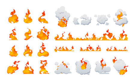 Cartoon explosion fire effect. Burning smoking and ignition game fire asset, bomb blast and magic fireball power, campfire flames. Vector set. Flammable border, red and orange flameのイラスト素材