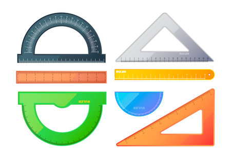 Rulers collection. Measuring scale triangular protractor math geometry tools, school measurement instruments with centimeter inch marks. Vector set. Elements for accurate math draftingのイラスト素材