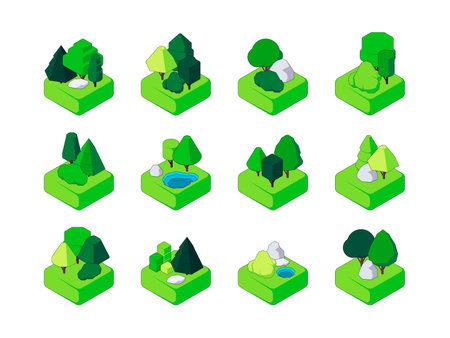 Isometric forest. Trees and bushes environment for landscape design, decorative nature elements polygonal shape for game assets. Vector flat collection. Botanical objects with lake, stoneのイラスト素材