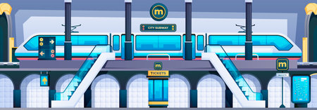 Subway station scene. City metro public passenger terminal, railway underground building with platform for departure and arrival of trains. Vector illustration. Metropolitan service, express tripのイラスト素材