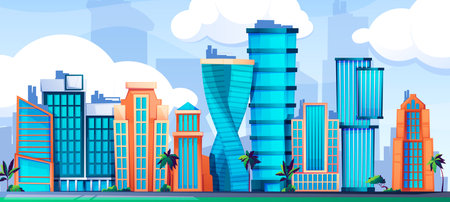 Skyscraper city landscape. Urban panorama with high architecture buildings, cartoon scape of town street with real estate. Vector background. Metropolis cityscape with apartments and officesのイラスト素材
