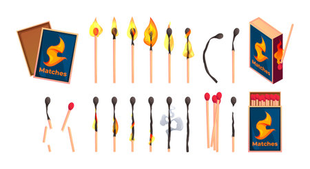 Match with box. Opened matchbook with matchstick, closed matchbox wood stick with sulfur combustion burnout stages cartoon style. Vector set. Isolated flammable objects for animationのイラスト素材