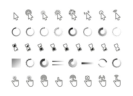 Interface progress cursor. Pointer mouse click arrow, connection loading and pointing hand web symbols, computer interface buttons. Vector set. Hourglass for waiting, browser elements animationのイラスト素材