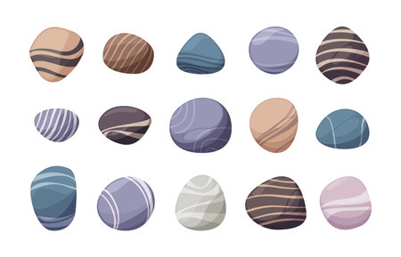 River stones. Colorful rounded pebbles in various colors and shapes for for decoration or landscaping, smooth under the sea stone set. Vector collection. Natural underwater solid rubbleのイラスト素材