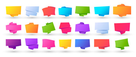 Origami banners. Abstract geometric decorative paper ribbons, bubble and mesh signs, sale layout design templates. Vector colorful set. Isolated bright rectangular shapes for memosのイラスト素材