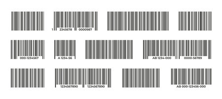 Barcodes collection. Black label barcode for product identification, grocery price tag, supermarket distribution system with row data elements. Vector set. Stickers for retail shop or storeのイラスト素材