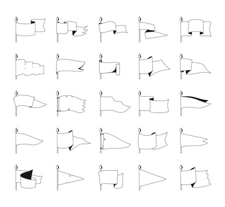Retro pennant icons. Black patriotic flags for mobile app user interface, modern flat flagpole banner silhouettes. Vector ship navigation flag set. Medieval flagstaff, folded buntingのイラスト素材
