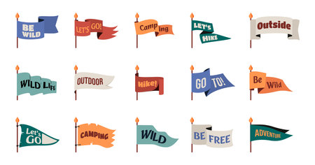 Camp pennant. Boy scout camping emblem patch, adventure circle emblem with wild life slogan and motivation motto. Vector isolated collection. Colorful bunting with text be free, hikeのイラスト素材