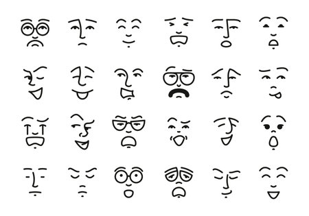 Doodle emoticons. Cute characters with funny faces of a wide range of emotions in messaging and social media, happiness sadness and anger. Playful vector set. Smiling, crying person, comic caricatureのイラスト素材