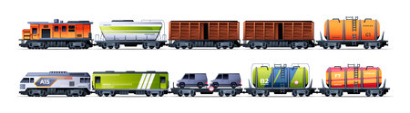 Cargo train. Cartoon freight delivery transport locomotive wagon carriage with containers, railroad transport service with goods transportation. Vector collection. Freight shipping, transitのイラスト素材