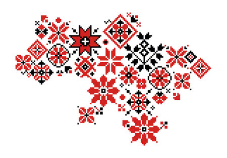 Ukrainian embroidery map. Topography of Ukraine with traditional national ornamental symbols and embroidery elements, country map with flowers and leaves. Vector illustration. Patriotic needlecraftのイラスト素材