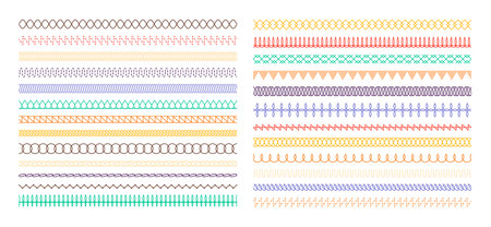 Colorful sewing seams. Embroidery craft and stitching techniques for textile design. Vector classic and modern fashion elements. Traditional ornaments with geometric shapes, lines and flowersのイラスト素材