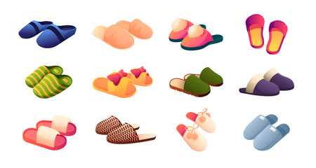 Slippers collection. Cartoon footwear, home and office cozy shoes, feet and legs relaxation comfortable foot wear. Vector isolated set. Cute fluffy home sandals for man and woman, accessoryのイラスト素材