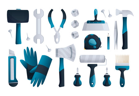 Construction repair tools. Flat screwdriver wrench hammer pliers brush, technical building instruments for home and office. Vector isolated set. Blue stationery knife, spatula and measuring tapeのイラスト素材
