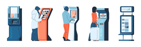 People at digital kiosk. Man and woman at ticket kiosk and online terminal, checkout and ordering online terminal, cartoon characters using cashless kiosk. Vector set. Electronic checkin, bankingのイラスト素材