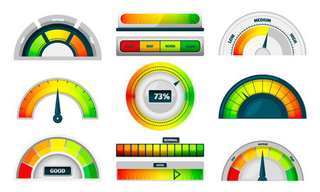 Speedometer indicator. Energy and rate measurement dial with arrow, rate gauge and number, efficient dashboard gauge for progress report. Vector set. Panels with different levels, vehicle equipmentのイラスト素材