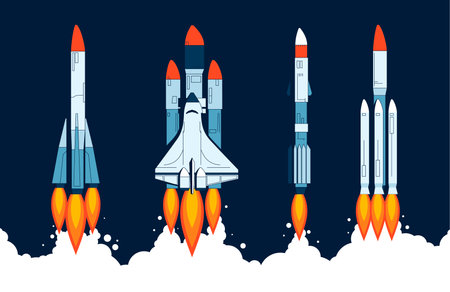 Rocket launch collection. Space craft and spaceship engine start and ignition, rocket flight with fire and smoke. Vector space mission concept set. Futuristic vehicle for cosmic explorationのイラスト素材