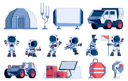 Astronaut and rover collection. Cartoon space exploration machines, shuttle spaceship and mars rover, weightlessness and universe colonization. Vector set. Galaxy discover equipmentのイラスト素材
