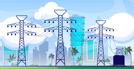 Electric line with pylons. Grid transmission system with towers and towers. Power network infrastructure vector concept. Cityscape with electricity network construction, transformer with equipmentのイラスト素材