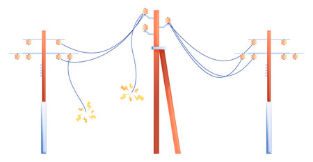 Electric line damage. Electrical power line towers with cut wires, electric energy tower construction with broken wires. Vector illustration. Unsafe cable, industrial transformer maintenanceのイラスト素材