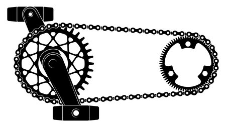 Bicycle chain drive. Gear mechanism with sprocket wheel and bicycle drive belts, urban transport pedal gearshift mechanism. Vector illustration. Equipment component for bike, vehicle partsのイラスト素材