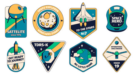 Space patch. Retro rocket sticker with astronaut logo, vintage cosmos exploration badge. Vector...