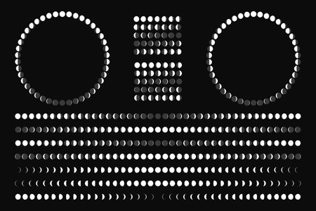 Moon phases. Magic cosmic symbols boho astrology decoration, abstract minimalist contemporary art for tattoo design. Vector collection. Celestial body in different shape with shadowのイラスト素材