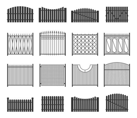 Black fence collection. Farm palisade, country garden wall, security private fence, yard protection. Vector isolated set. Boundary ironwork construction, black outdoor wrought gateのイラスト素材