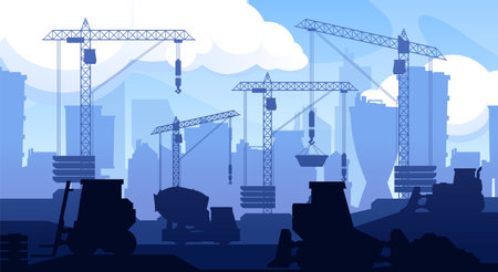 Panoramic construction with machinery. Earth moving equipment, dump truck crane loader, mining vehicle flat style. Vector isolated illustration. Industrial machinery for building, house developmentのイラスト素材