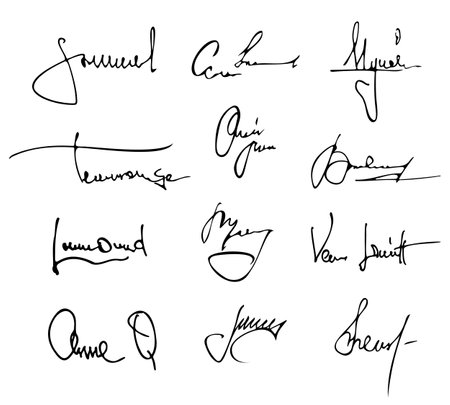 Handwritten signature. Doodle name autograph sketch for diploma and certificate. Hand drawn name on document vector set. Unique personal sign for official legal agreement or business documentのイラスト素材