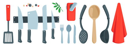 Cartoon cutlery set. Kitchen utensils spoon fork knife ladle strainer spatula, spatula with hole, flat cooking tools. Vector isolated set of utensil kitchenware illustrationのイラスト素材