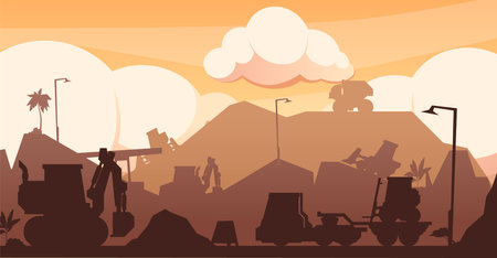 Heavy machinery in mine. Mining quarry with excavator truck, rock pit with drilling equipment, mining industry with gravel truck. Cartoon vector illustration. Construction site, building activityのイラスト素材
