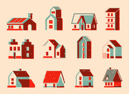 Riso print houses. Cartoon cute residential buildings, urban estate and town houses, vintage colorful architecture. Vector isolated set. Outdoor domestic properties, block of flatsのイラスト素材