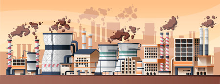 Industrial factory landscape. Cartoon city with power plant and refinery, heavy industry production building exterior view. Vector panorama. Manufacturing with toxic fumes, environmental pollutionのイラスト素材