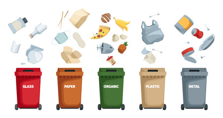 Recycling garbage cans. Cartoon recycling waste disposal containers, recycling waste disposal basket with different types of waste, waste separation concept. Vector set. Glass, paper, organic binsのイラスト素材