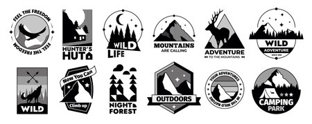 Retro wilderness logo. Summer hiking trip and camp emblem with silhouettes of trees and sky. Camp label with alps sketch vector logo. Black badges with wild nature and animals, camp siteのイラスト素材