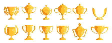 Golden cup icon. Cartoon gold cup award with ribbons and laurel, achievement and competition prize badge. Vector isolated set of award gold cup illustrationのイラスト素材