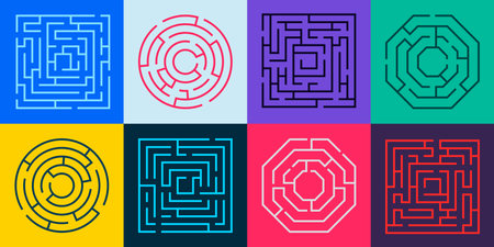 Maze path. Round labyrinth riddle with wrong way and right way, labyrinth puzzle with gate and deadlock, maze game concept. Vector illustration of riddle way challengeのイラスト素材