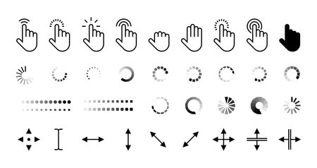 Pointer and loading icons. Computer cursor arrow and loading sign, click and wait symbol, web address and thumb pointing. Vector isolated set of mouse pointer computer, cursor hand illustrationのイラスト素材